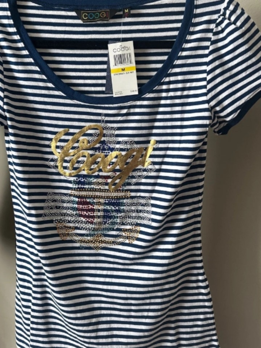 COOGI Navy & White Striped Tee with Gold Script Logo